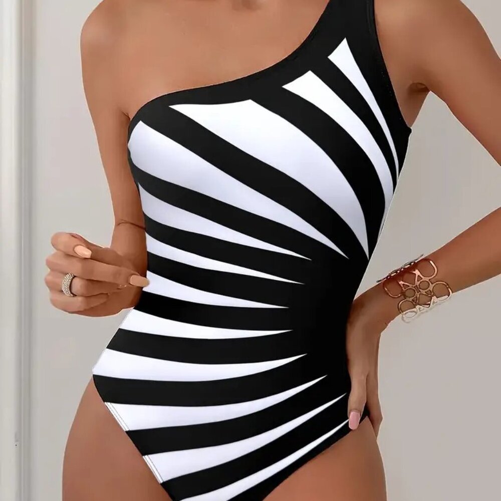 - One-Shoulder Striped One-Piece Swimsuit